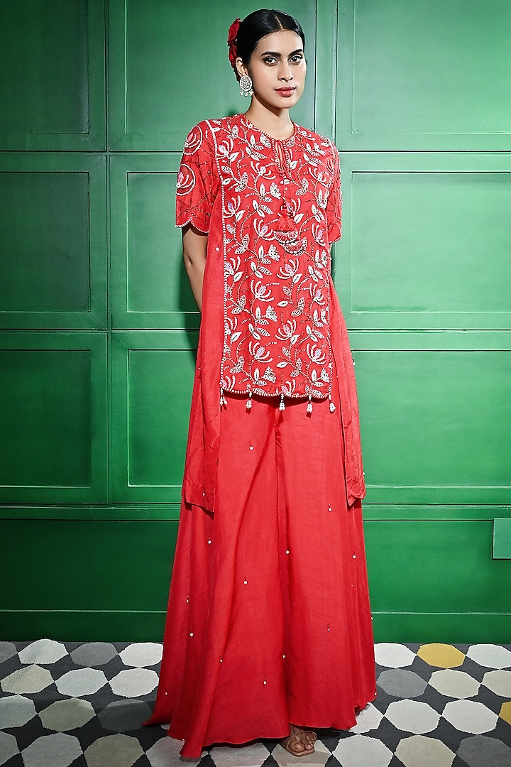 Red Raw Silk Motif Embroidered Paneled Palazzo Pant Set by Keith Gomes at Pernia's Pop Up Shop