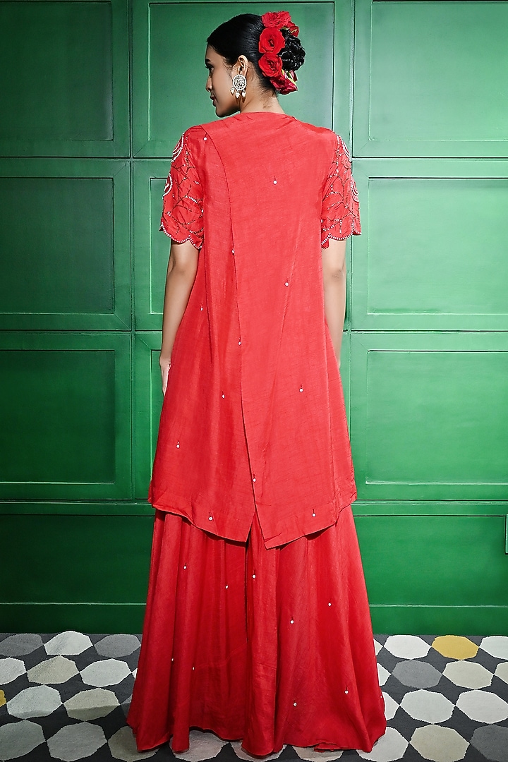 Red Raw Silk Motif Embroidered Paneled Palazzo Pant Set by Keith Gomes at Pernia's Pop Up Shop