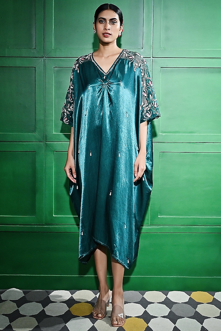 Green Satin Pearl Embroidered Kaftan by Keith Gomes at Pernia's Pop Up Shop