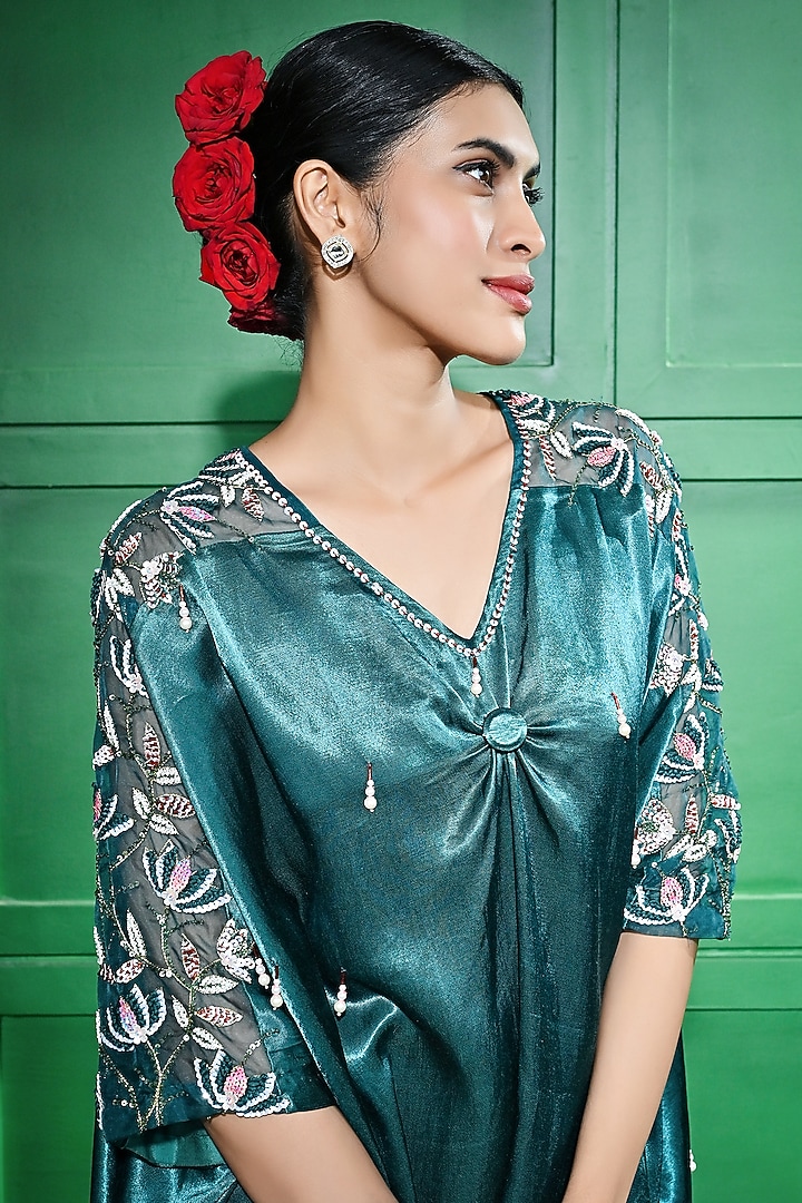 Green Satin Pearl Embroidered Kaftan by Keith Gomes at Pernia's Pop Up Shop