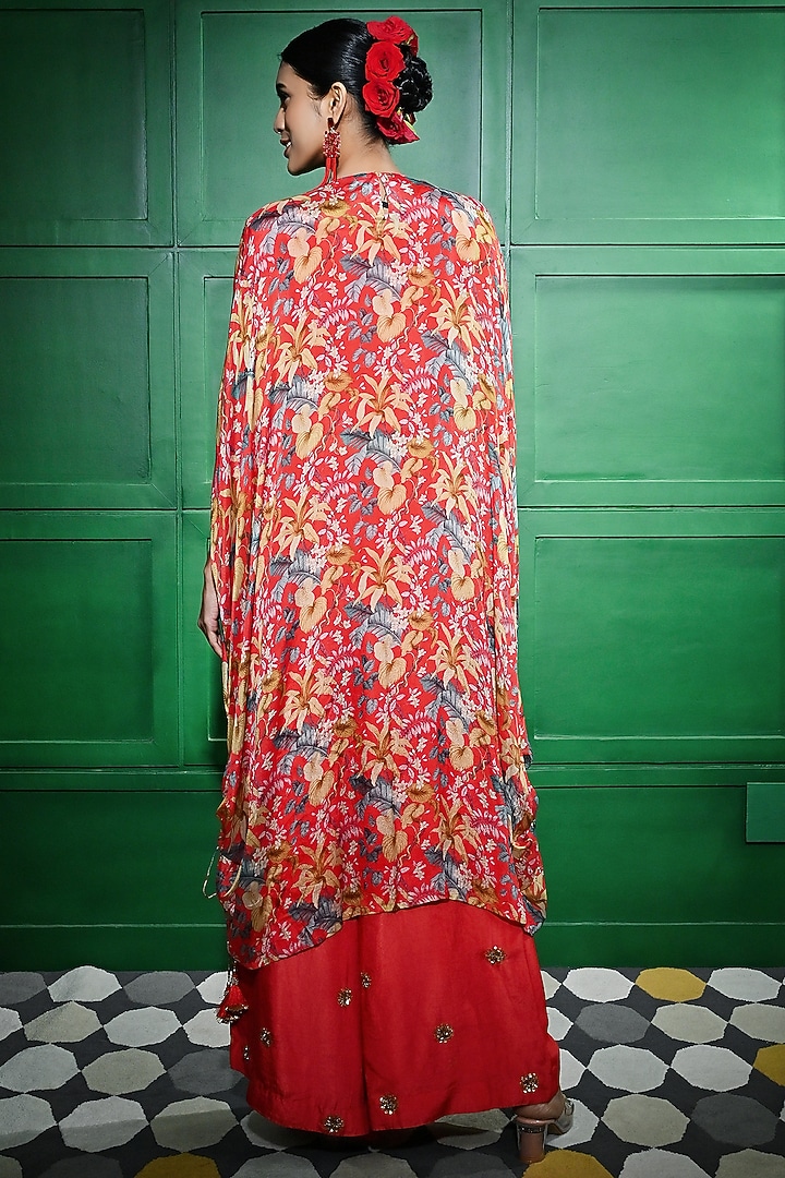Red Georgette Printed & Embroidered Kaftan Set by Keith Gomes at Pernia's Pop Up Shop