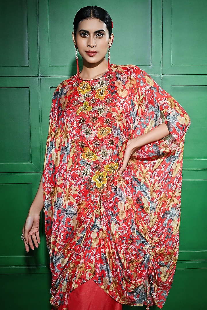 Red Georgette Printed & Embroidered Kaftan Set by Keith Gomes at Pernia's Pop Up Shop