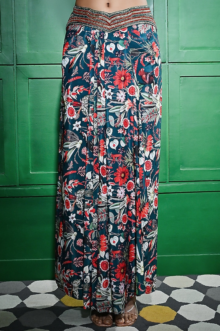 Red & Green Crepe Printed Draped Skirt Set by Keith Gomes at Pernia's Pop Up Shop