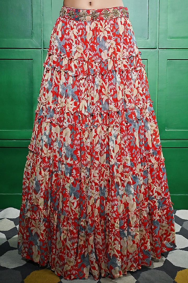 Red Georgette Floral Printed Tiered Skirt Set by Keith Gomes at Pernia's Pop Up Shop