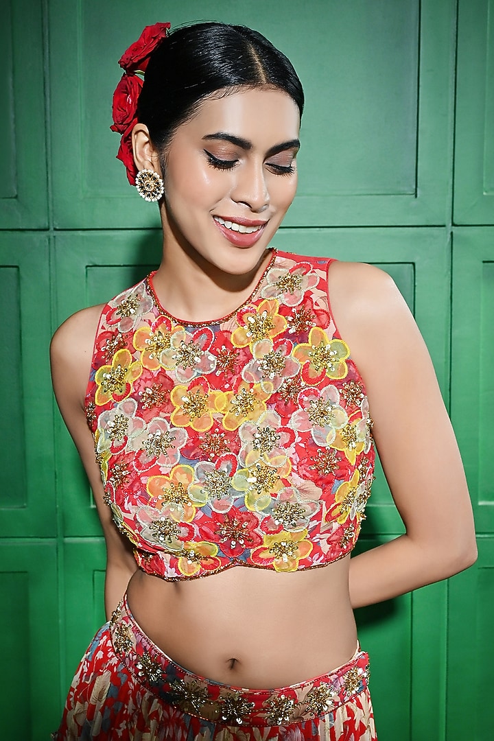 Red Georgette Floral Printed Tiered Skirt Set by Keith Gomes at Pernia's Pop Up Shop
