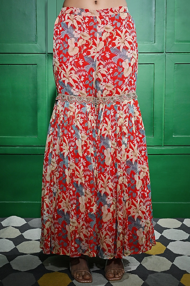Red Georgette Floral Printed Tiered Gharara Set by Keith Gomes at Pernia's Pop Up Shop