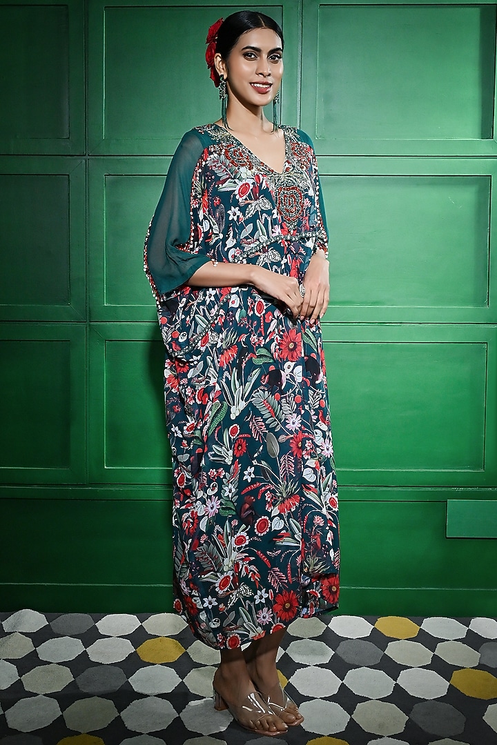 Red & Green Georgette Printed & Embellished Kaftan by Keith Gomes at Pernia's Pop Up Shop