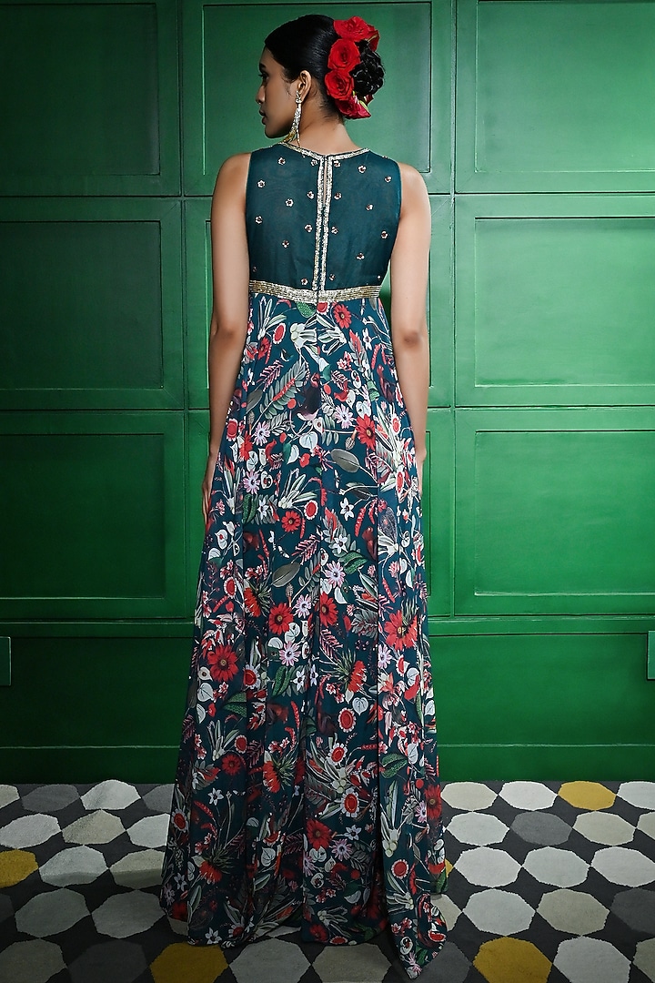 Red & Green Georgette Printed & Embellished Jumpsuit by Keith Gomes at Pernia's Pop Up Shop