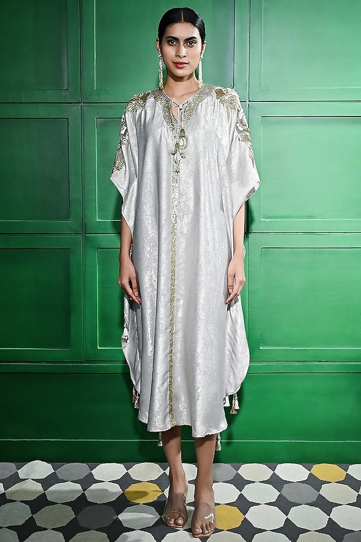 Light Gold Foil Crepe Glass Bead Embroidered Kaftan by Keith Gomes at Pernia's Pop Up Shop