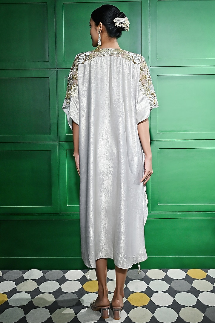 Light Gold Foil Crepe Glass Bead Embroidered Kaftan by Keith Gomes at Pernia's Pop Up Shop
