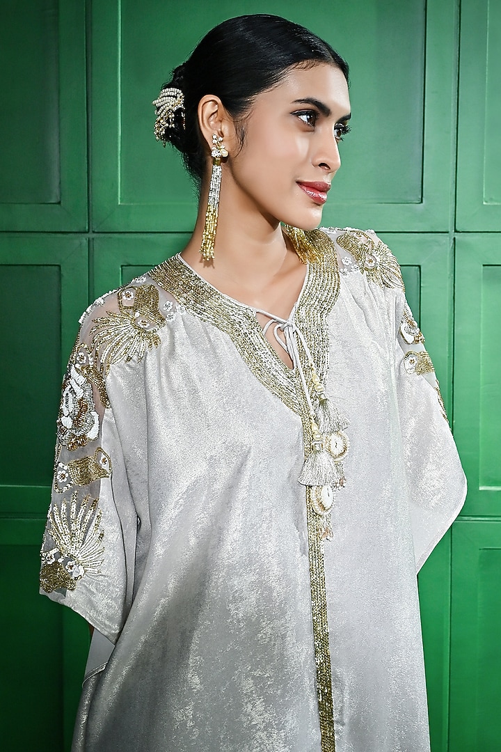 Light Gold Foil Crepe Glass Bead Embroidered Kaftan by Keith Gomes at Pernia's Pop Up Shop