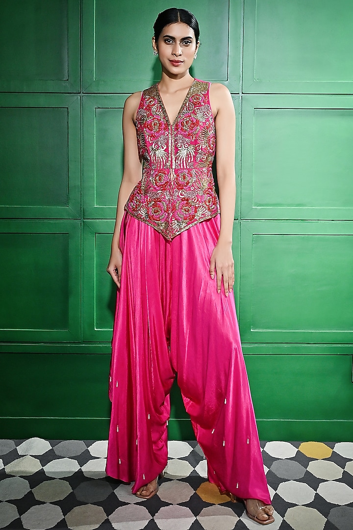 Pink Satin Draped Palazzo Pant Set by Keith Gomes at Pernia's Pop Up Shop