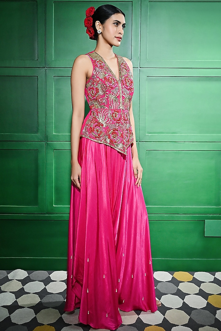 Pink Satin Draped Palazzo Pant Set by Keith Gomes at Pernia's Pop Up Shop