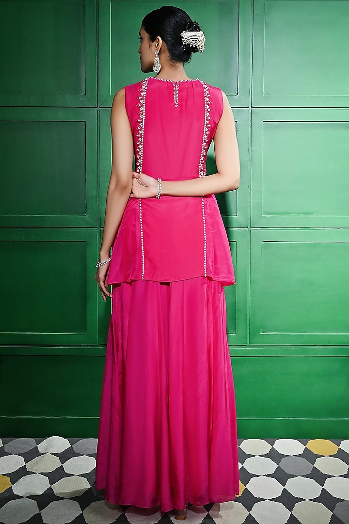Pink Silk Organza Sequins Embroidered Paneled Palazzo Pant Set by Keith Gomes at Pernia's Pop Up Shop