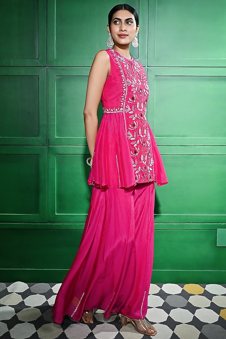 Pink Silk Organza Sequins Embroidered Paneled Palazzo Pant Set by Keith Gomes at Pernia's Pop Up Shop