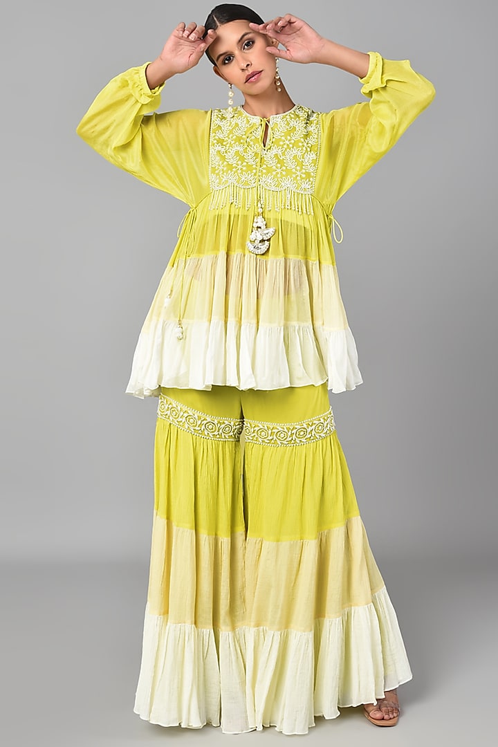 Yellow & Ivory Ombre Embroidered Tunic Set by Keith Gomes