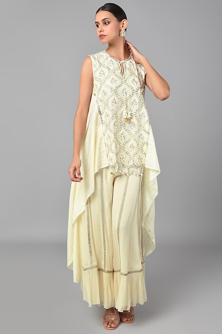 Beige High-Low Embroidered Tunic Set by Keith Gomes