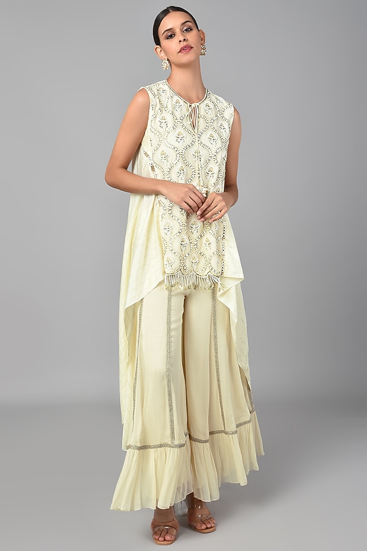 Beige High-Low Embroidered Tunic Set by Keith Gomes at Pernia's Pop Up Shop