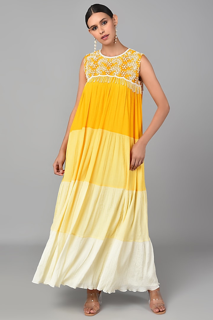 Mustard Ombre Embroidered Dress by Keith Gomes