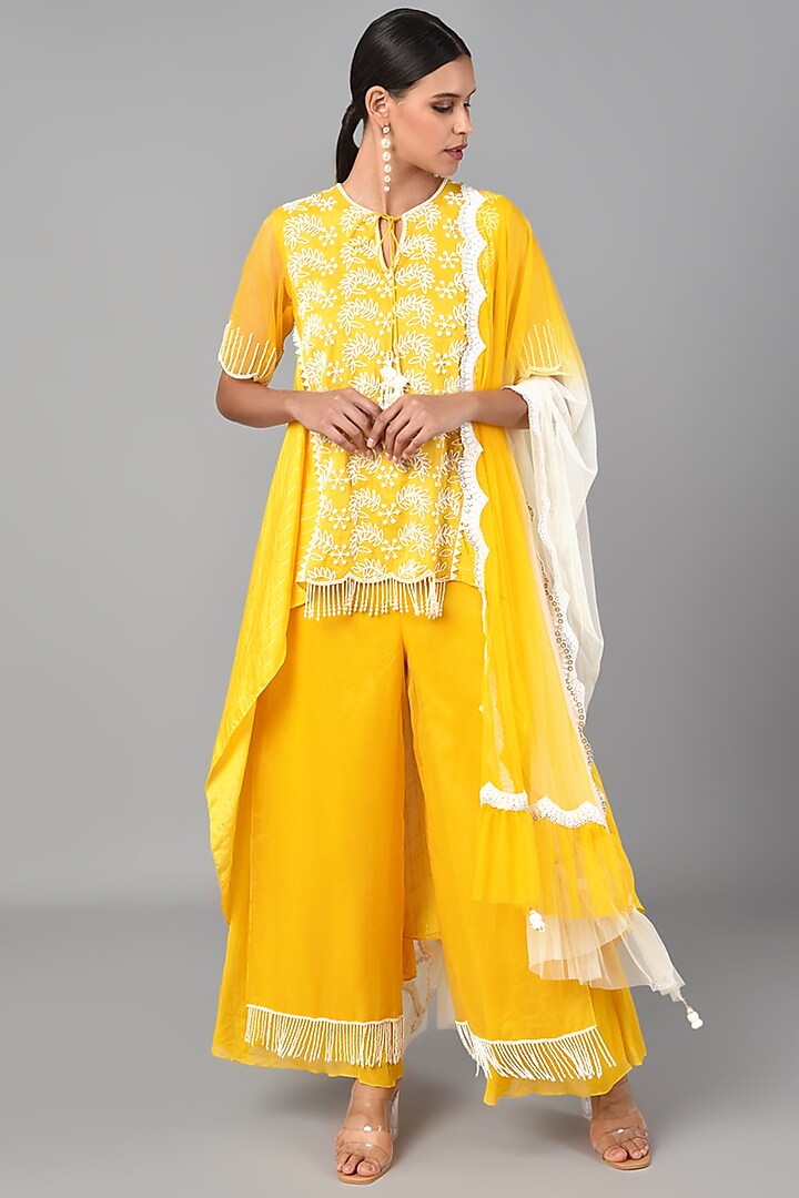 Mustard Chanderi Tunic Set With Embroidery by Keith Gomes