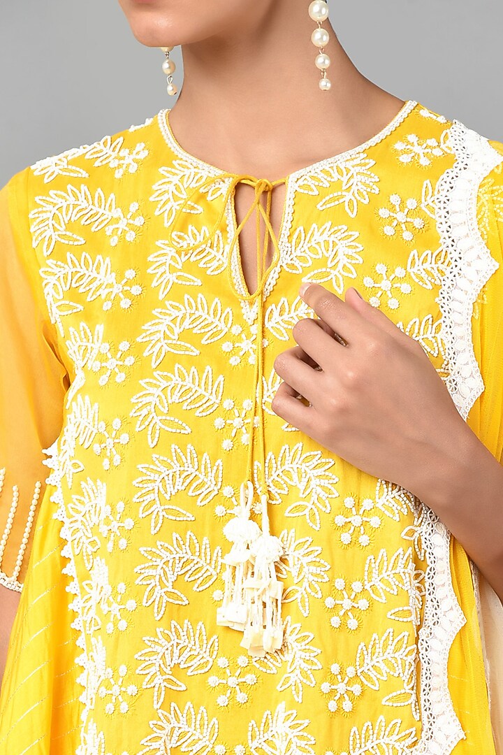Mustard Chanderi Tunic Set With Embroidery by Keith Gomes at Pernia's Pop Up Shop