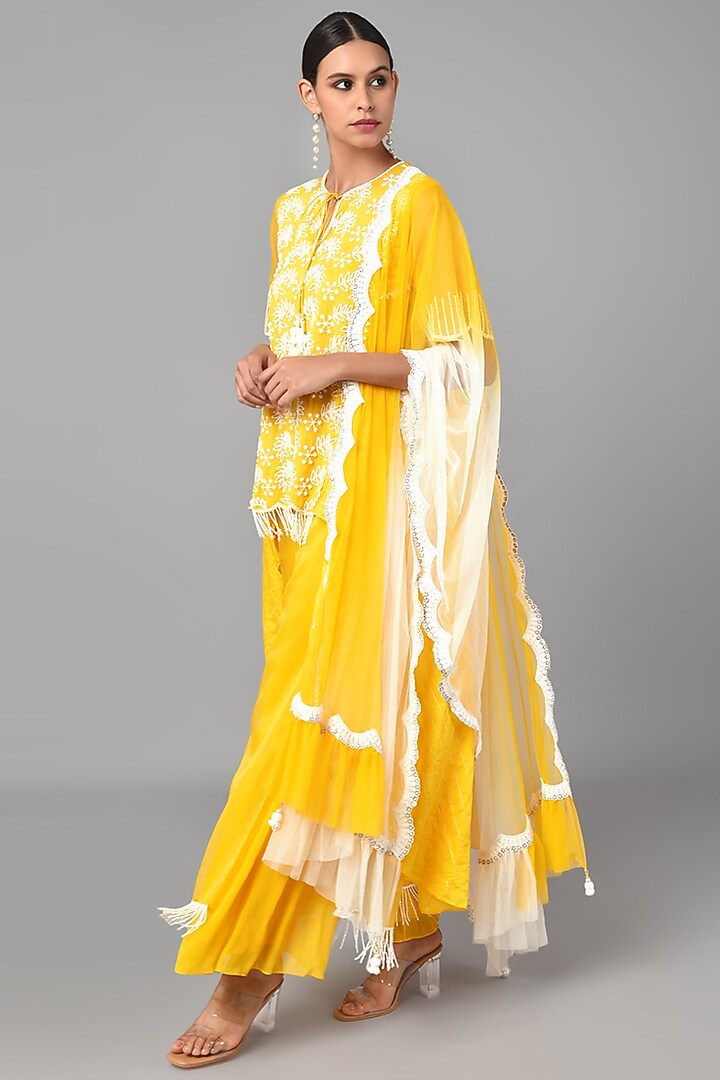 Mustard Chanderi Tunic Set With Embroidery by Keith Gomes at Pernia's Pop Up Shop