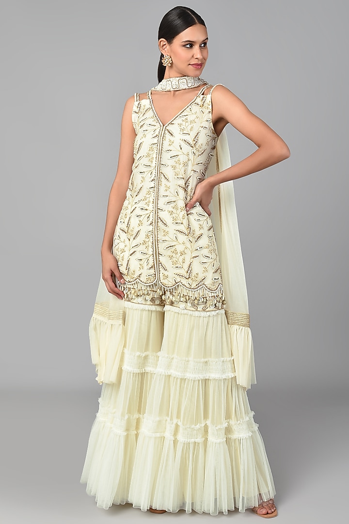 Beige Silk Embroidered Tunic Set by Keith Gomes at Pernia's Pop Up Shop