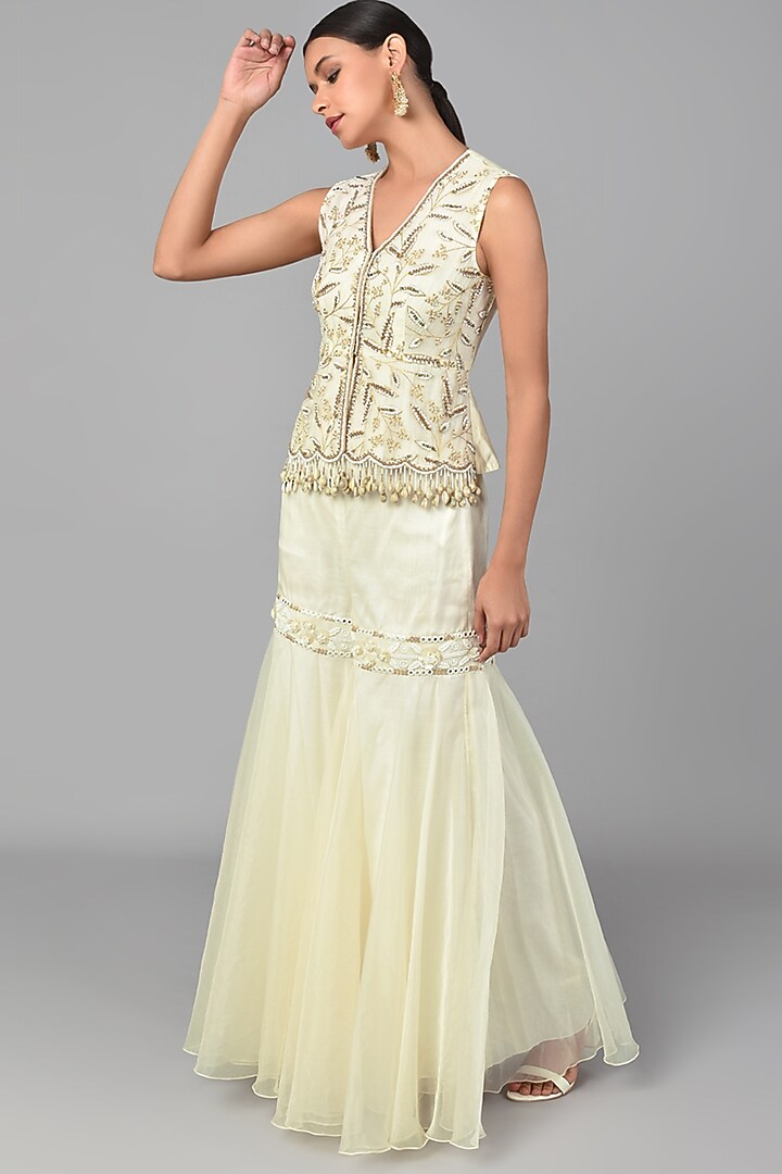 Beige Chanderi Embroidered Tunic Set by Keith Gomes at Pernia's Pop Up Shop