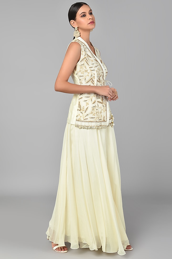Beige Embroidered Overlap Tunic Set by Keith Gomes at Pernia's Pop Up Shop