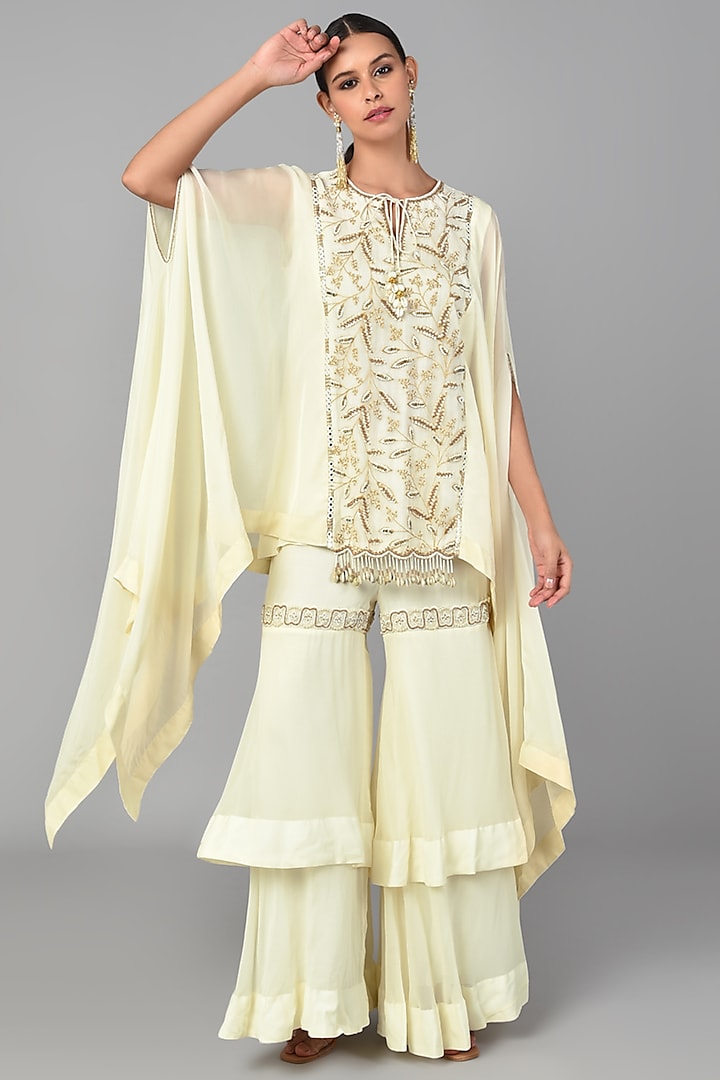 Beige Organza Embroidered Tunic Set by Keith Gomes
