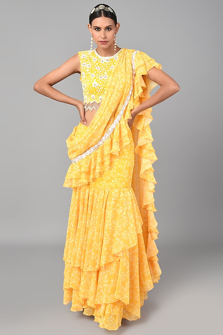 Mustard Printed Skirt Saree Set by Keith Gomes