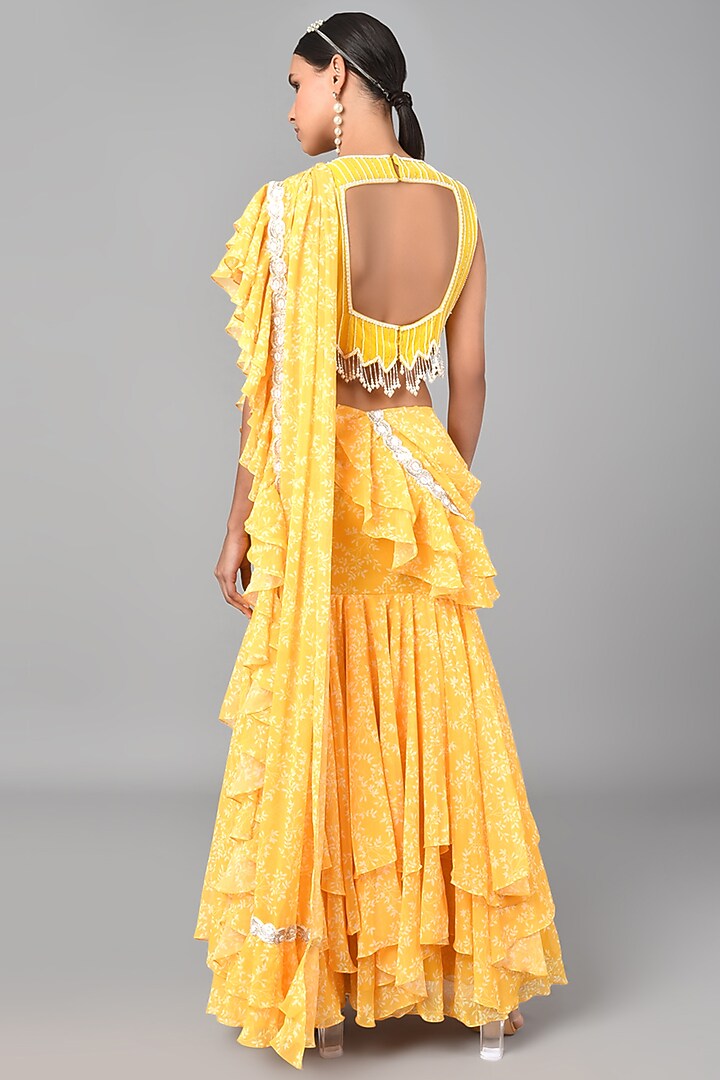 Mustard Georgette Printed Skirt Wedding Saree Set
by Keith Gomes at Pernia's Pop Up Shop