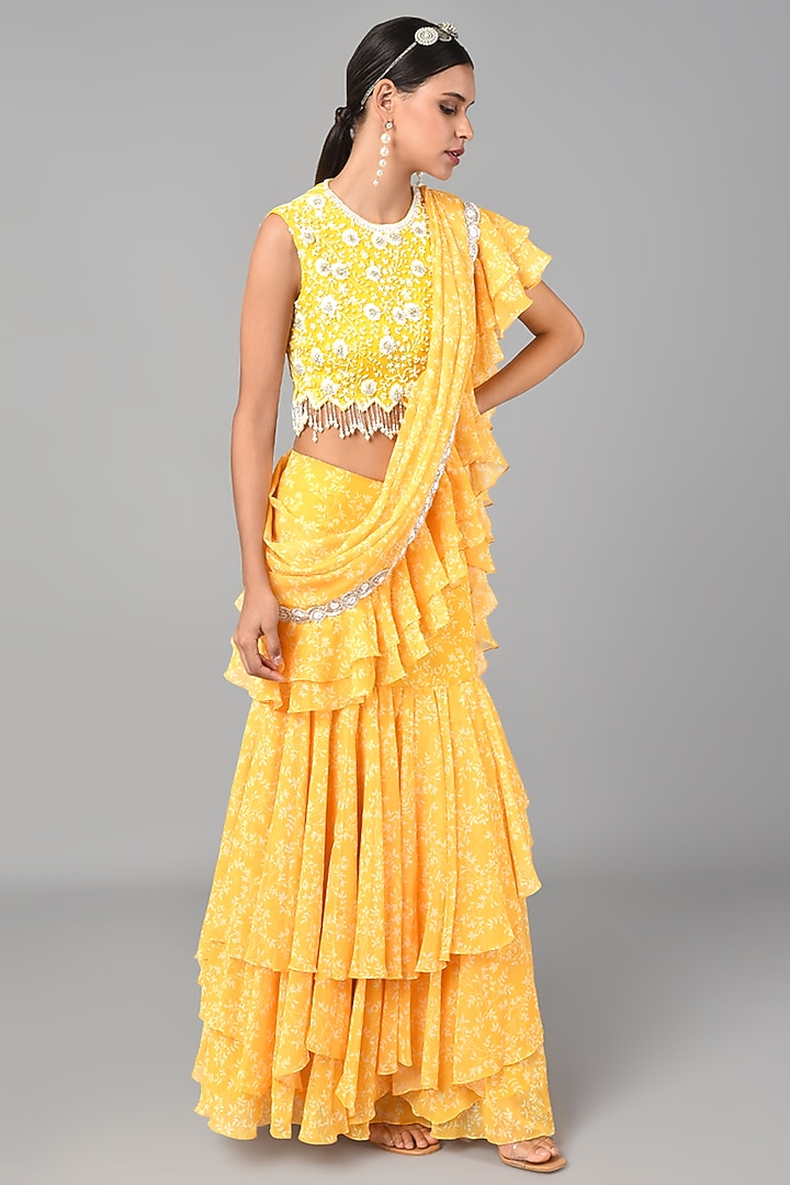 Mustard Georgette Printed Skirt Wedding Saree Set
by Keith Gomes at Pernia's Pop Up Shop