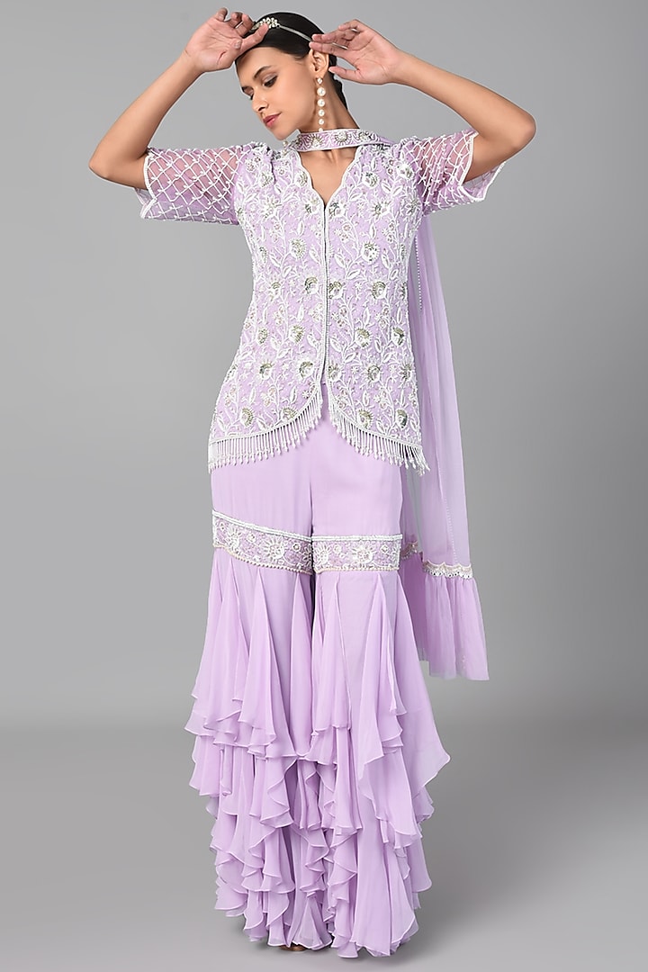 Lilac Embroidered Tunic Set by Keith Gomes