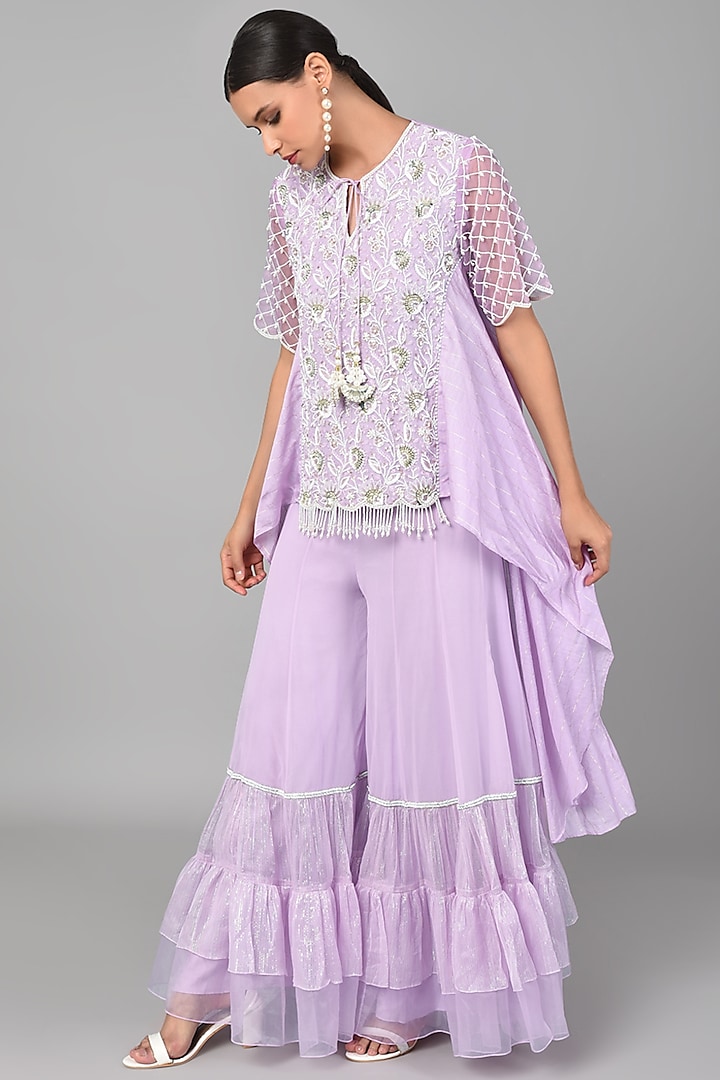 Lilac Silk Embroidered Tunic Set by Keith Gomes