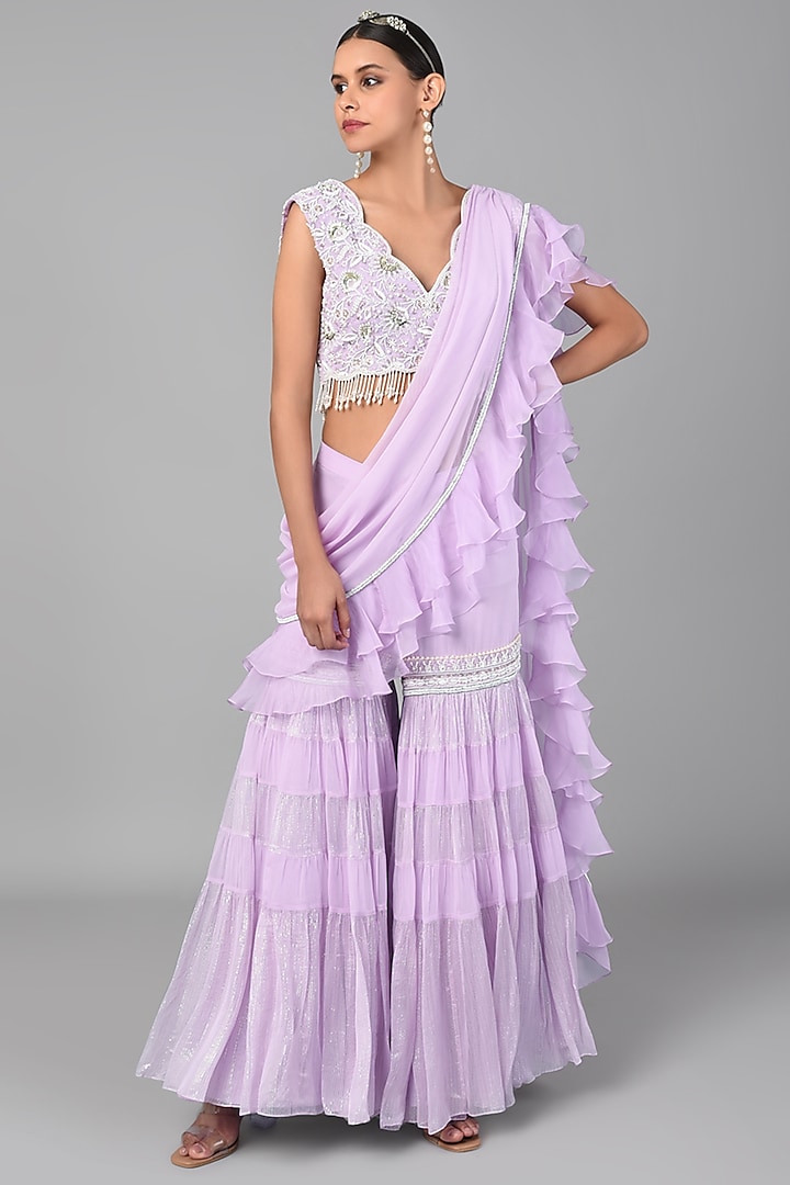 Lilac Georgette Embroidered Palazzo Pant Saree Set by Keith Gomes