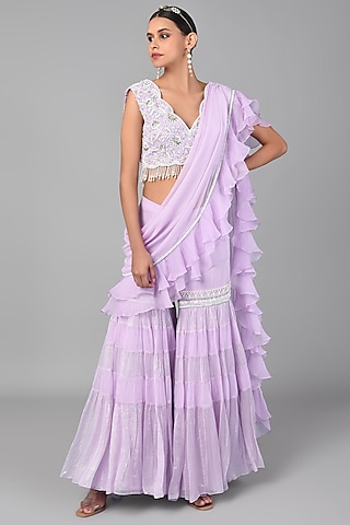 Lilac Georgette Embroidered Palazzo Pant Saree Set by Keith Gomes