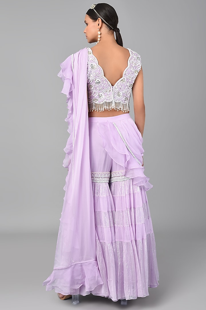 Lilac Georgette Embroidered Palazzo Pant Wedding Saree Set by Keith Gomes at Pernia's Pop Up Shop