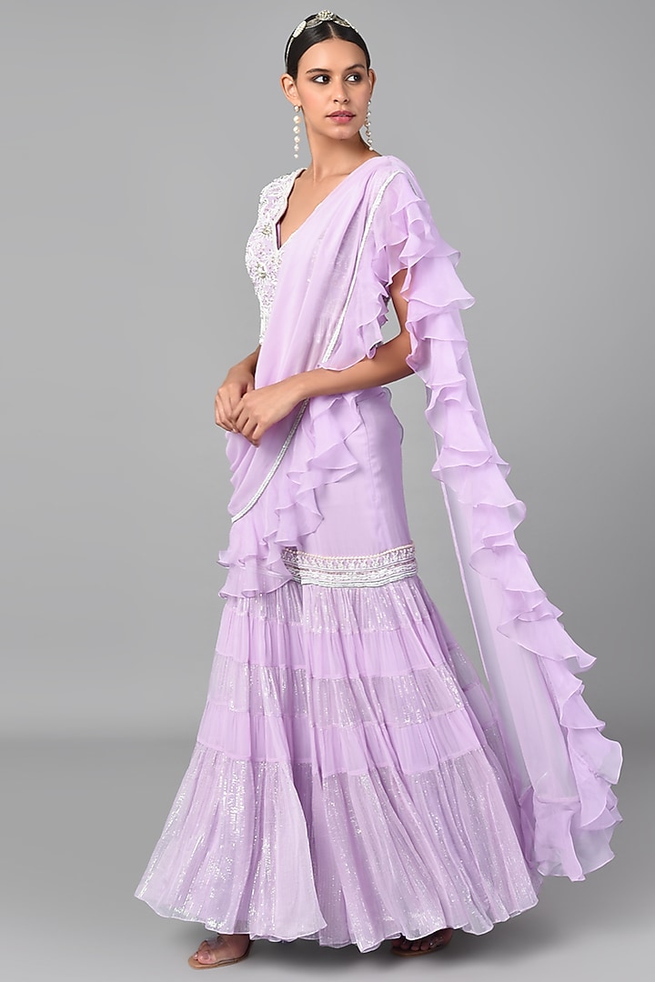 Lilac Georgette Embroidered Palazzo Pant Wedding Saree Set by Keith Gomes at Pernia's Pop Up Shop