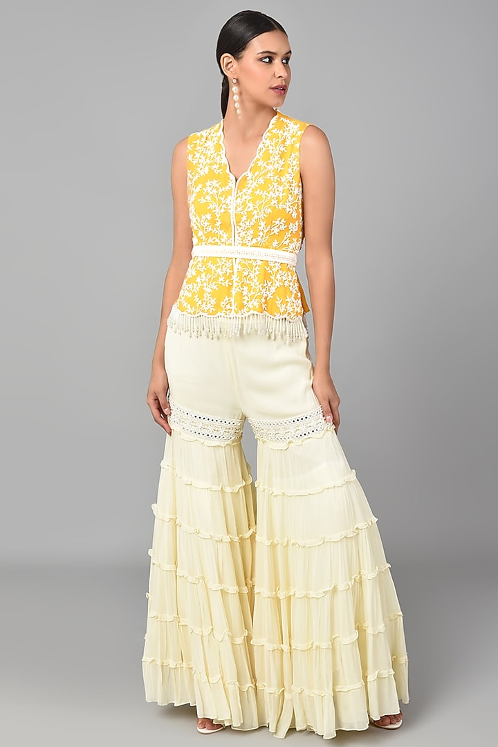 Ivory Georgette Wedding Sharara Set by Keith Gomes at Pernia's Pop Up Shop