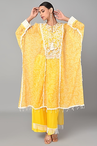 Mustard Embroidered Kaftan Set by Keith Gomes