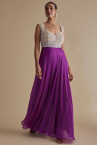 Purple Silk Organza Embroidered Jumpsuit by Keith Gomes