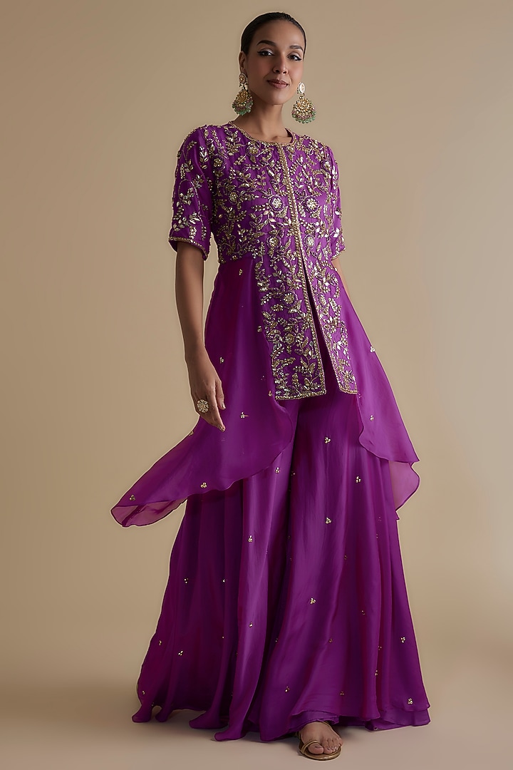 Purple Silk Organza Sequins Embroidered Tunic Set by Keith Gomes at Pernia's Pop Up Shop