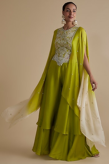 Green Silk Organza Embroidered Cape Set by Keith Gomes at Pernia's Pop Up Shop