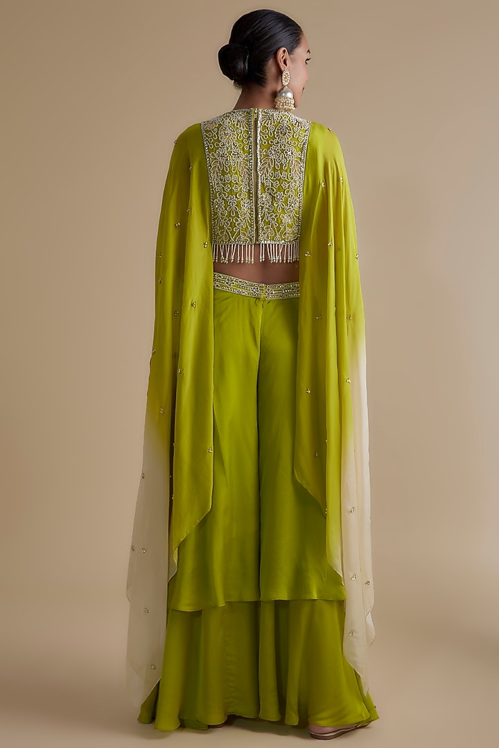 Green Silk Organza Embroidered Cape Set by Keith Gomes at Pernia's Pop Up Shop
