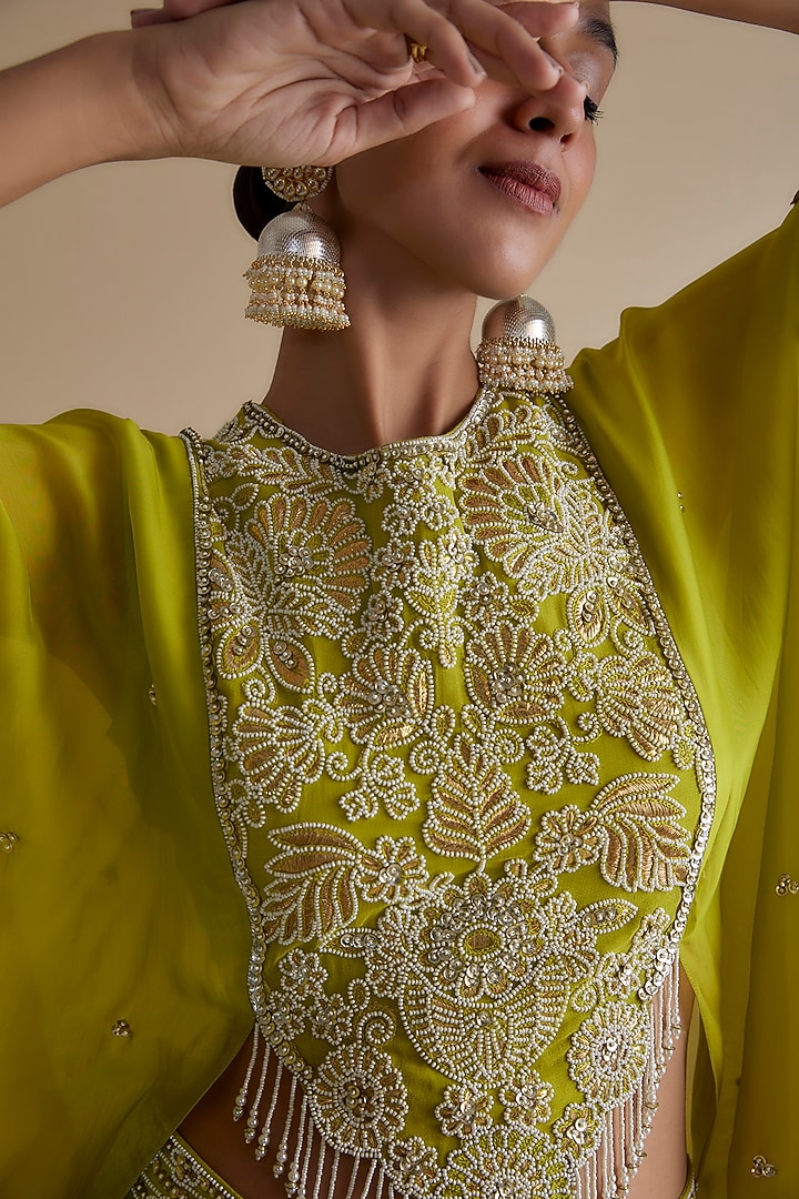 Green Silk Organza Embroidered Cape Set by Keith Gomes at Pernia's Pop Up Shop