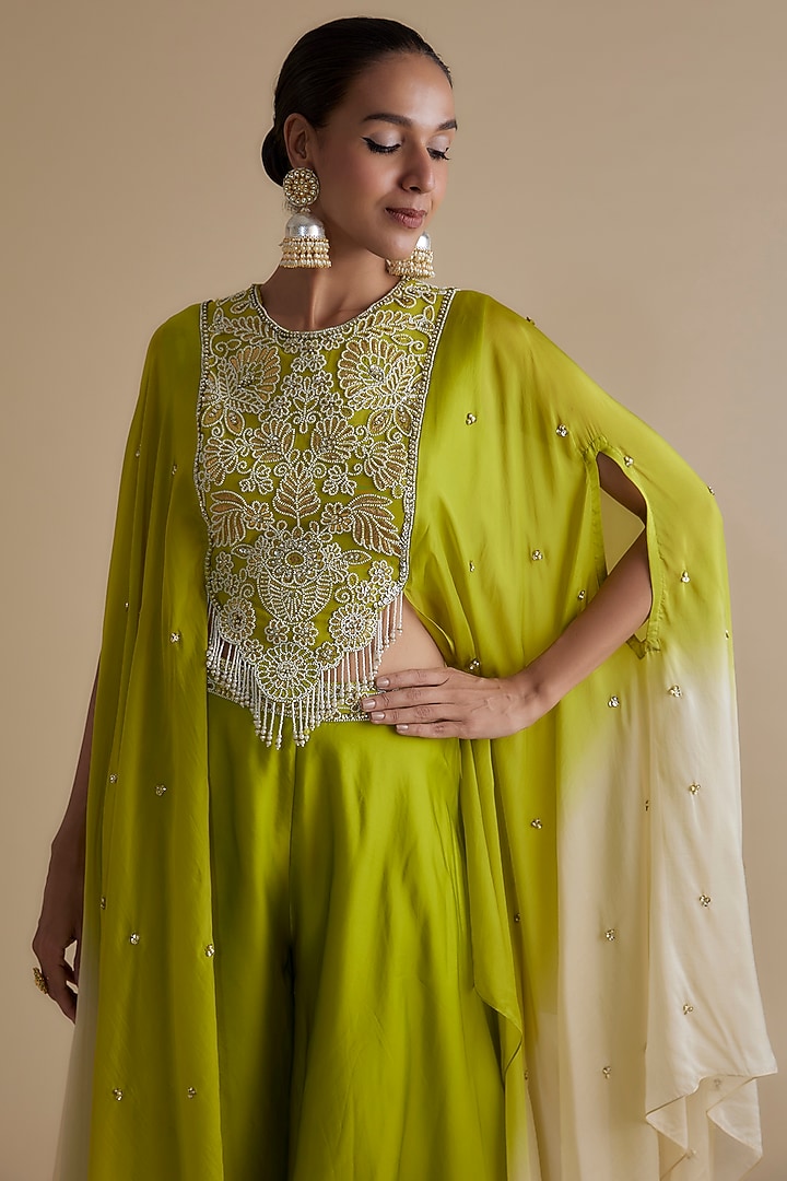 Green Silk Organza Embroidered Cape Set by Keith Gomes at Pernia's Pop Up Shop