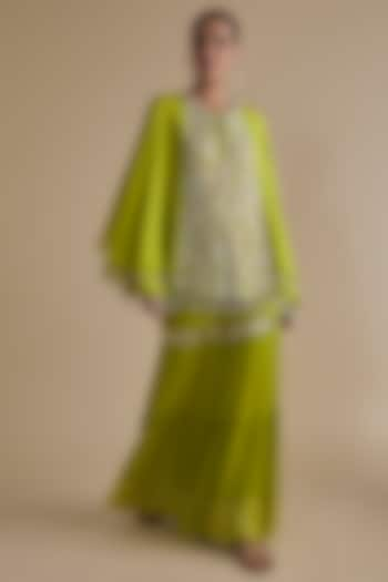 Green Chiffon Crepe Thread Embroidered Gharara Set by Keith Gomes at Pernia's Pop Up Shop