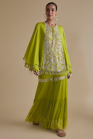 Green Chiffon Crepe Thread Embroidered Gharara Set by Keith Gomes
