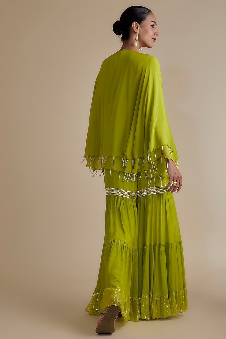 Green Chiffon Crepe Thread Embroidered Gharara Set by Keith Gomes at Pernia's Pop Up Shop